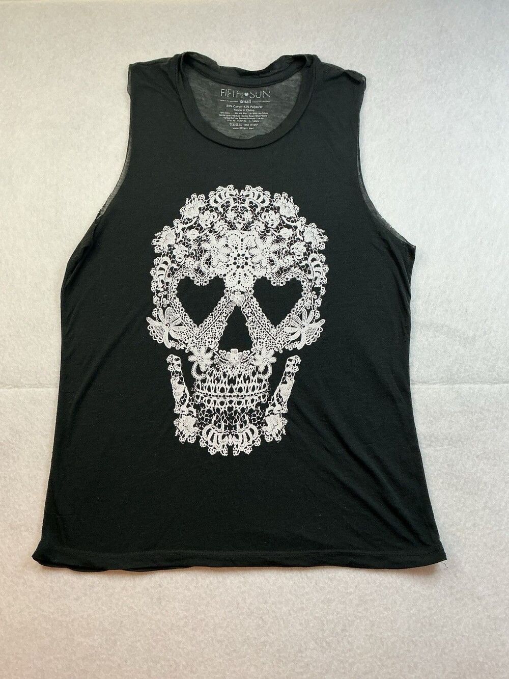 Fifth Sun Black Lace Sugar Skull Tank Top Graphic Muscle Sleeveless Shirt